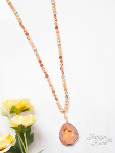 Glittering Geode Beaded Necklace with Stone Pendant, Light Pink