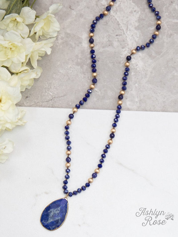 Nature's Beauty Beaded Necklace with Stone Pendant, Deep Blue