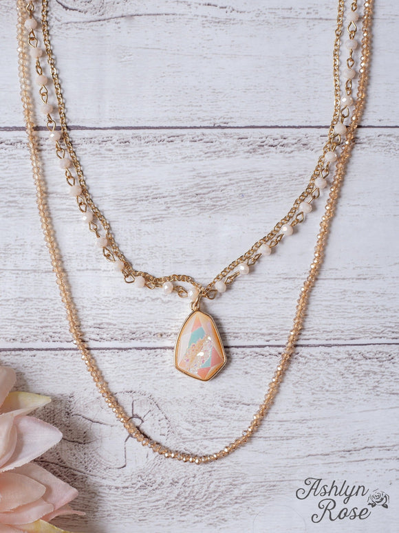 CHEERS TO FOREVER IRIDESCENT STONE PENDANT PASTEL PINK LAYERED NECKLACE