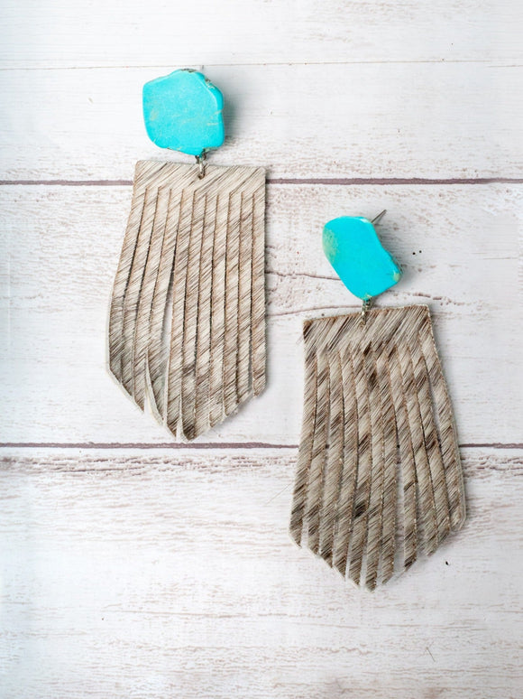 LET'S GO GIRLS TURQUOISE SLAB STUD WITH WHITE COWHIDE FRINGE EARRINGS