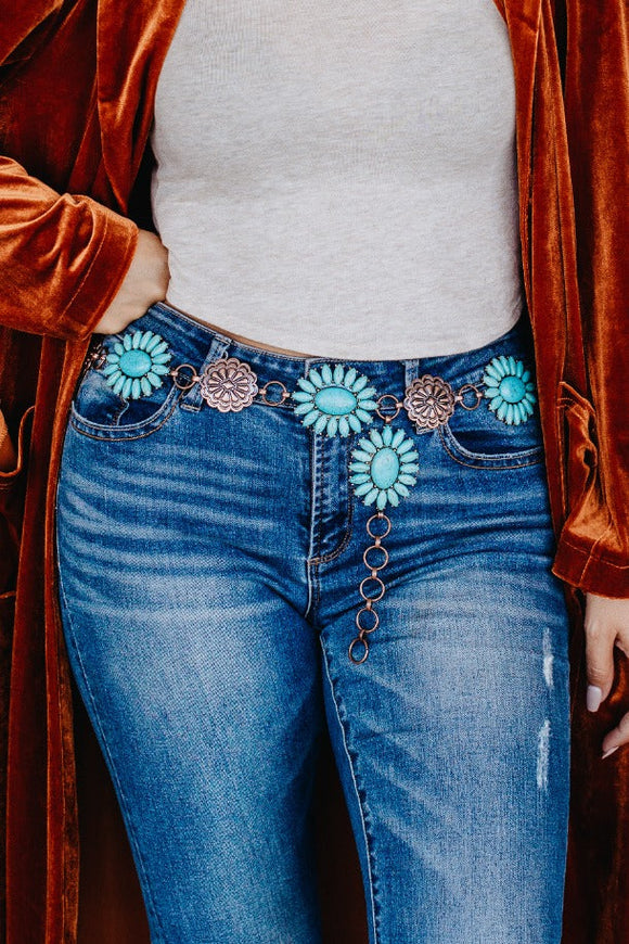 Forever Chasing Cowboys Copper Turquoise Floral Concho Link Belt