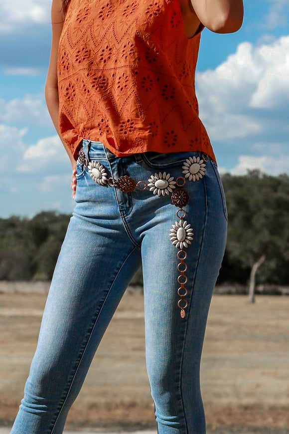 Forever Chasing Cowboys Copper Cream Floral Concho Link Belt