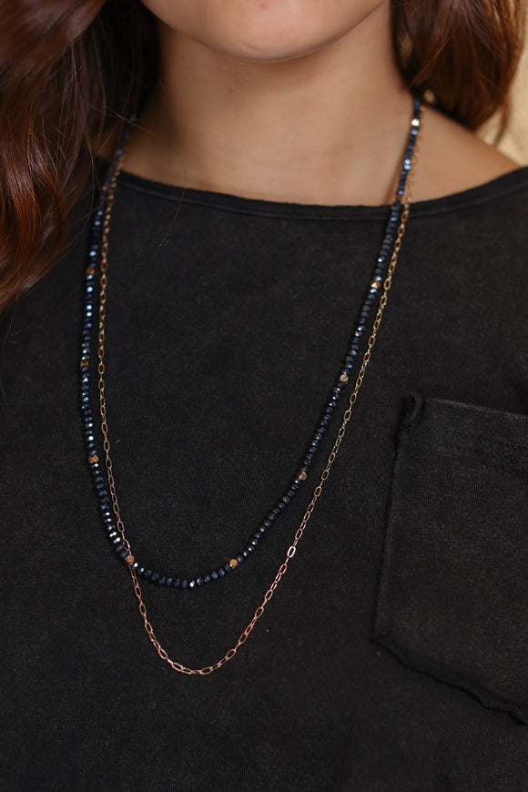 Glitz, Glam, Simple Strands Double Beaded Navy Blue Necklace with A Gold Chain