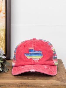 Embroidered Serape Texas on Bright Red Hat with Serape Fabric