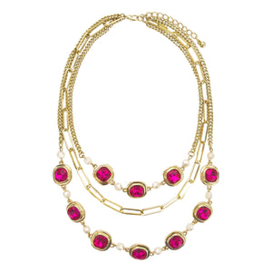 Gold Three-Strand Necklace with Pink Stones