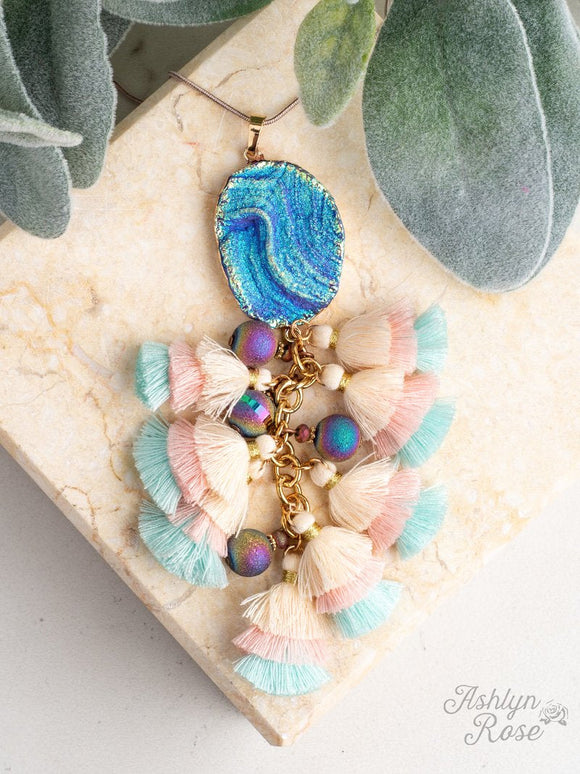 Under the Sea Necklace with Pastel Tassels & Ocean Blue Stone Pendant